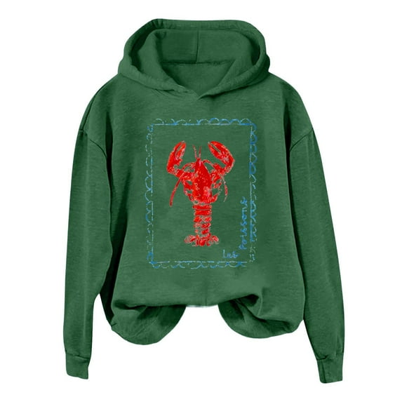 Crew Neck Sweatshirts Women Lobster Vintage Graphic Oversized Pullover Long Sleeve Solid Drop Sleeve Hoodied Fall Tops (Green,Small)