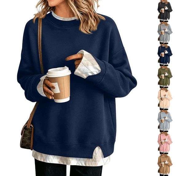 Crew Neck Sweatshirts Women Oversized Fall French Terry Layered Pullover Sweatshirt Fake Two‑Piece Tops Pullover Casual Split Hem Top