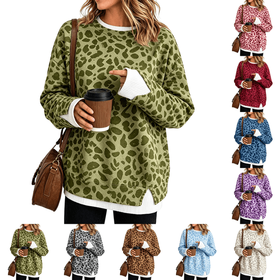 Crew Neck Sweatshirts Women Oversized Fall French Terry Layered Pullover Sweatshirt Fake Two‑Piece Tops Pullover Casual Split Hem Top