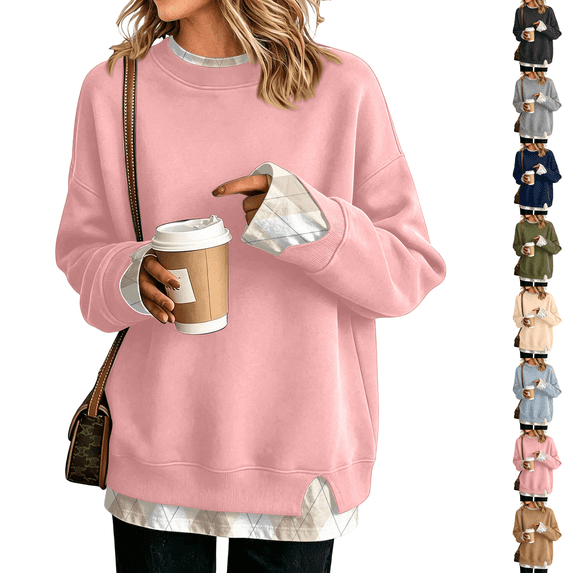 Crew Neck Sweatshirts Women Oversized Fall French Terry Layered Pullover Sweatshirt Fake Two‑Piece Tops Pullover Casual Split Hem Top