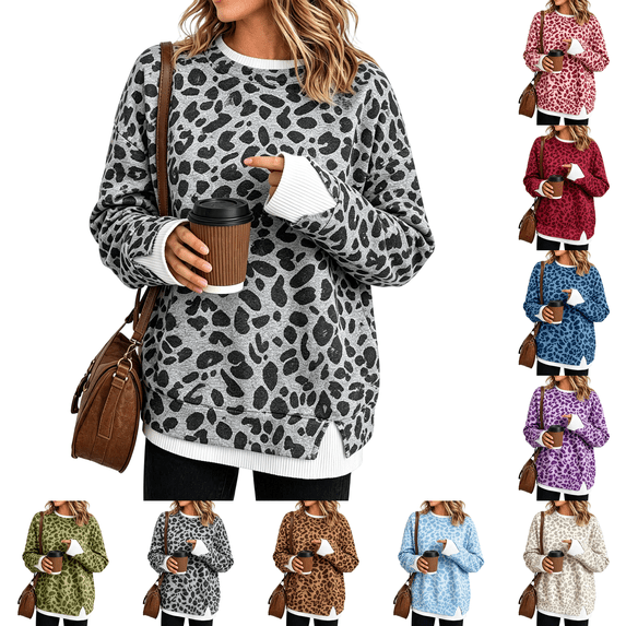 Crew Neck Sweatshirts Women Oversized Fall French Terry Layered Pullover Sweatshirt Fake Two‑Piece Tops Pullover Casual Split Hem Top