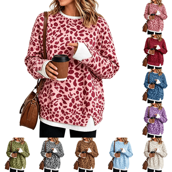 Crew Neck Sweatshirts Women Oversized Fall French Terry Layered Pullover Sweatshirt Fake Two‑Piece Tops Pullover Casual Split Hem Top
