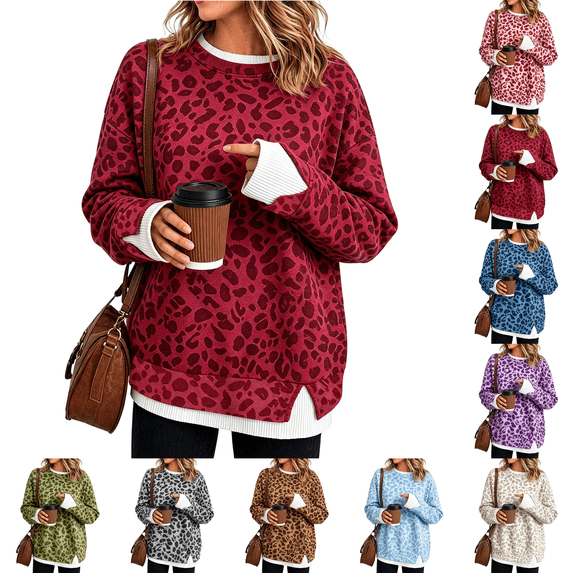 Crew Neck Sweatshirts Women Oversized Fall French Terry Layered Pullover Sweatshirt Fake Two‑Piece Tops Pullover Casual Split Hem Top