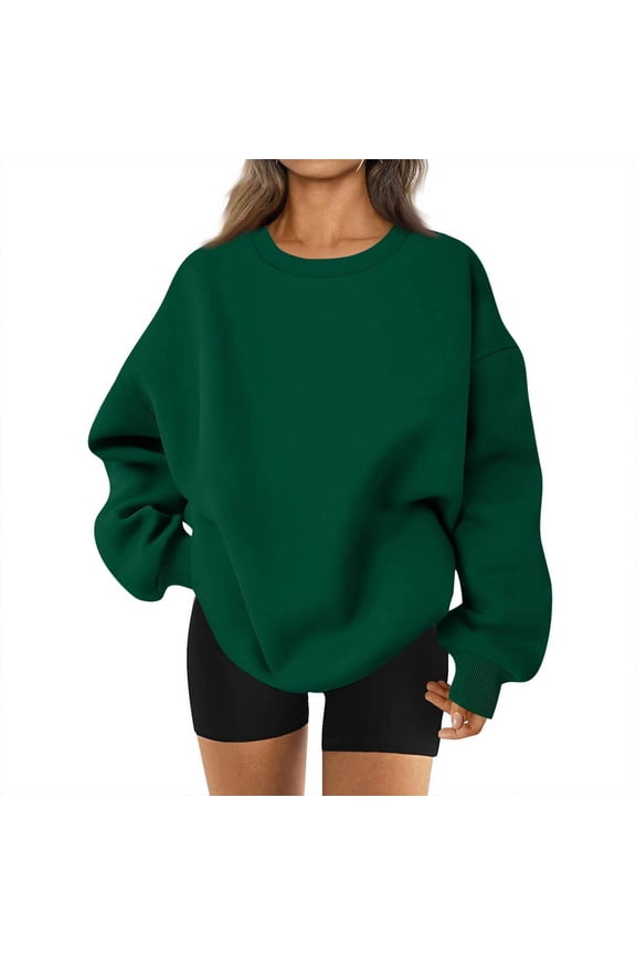 Crew Neck Sweatshirts Women Trendy Casual Oversized Sweatshirt Comfy Loose Fit Y2k Long Sleeve Fall Sweaters 2025 Dark Green M