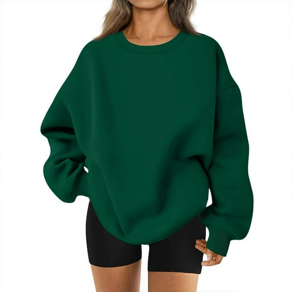 Crew Neck Sweatshirts Women Trendy Casual Oversized Sweatshirt Comfy Loose Fit Y2k Long Sleeve Fall Sweaters 2025 Dark Green XL