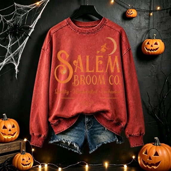Crew Neck Sweatshirts Women Vintage Witch Broom Print Long Sleeve Pullover Relaxed Fit Casual Halloween Fall Festival Tops Red XXXL