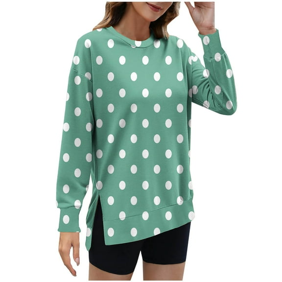 Crew Neck Sweatshirts Womens Polka Dots Print Cute Pullover Long Sleeve Tops Side Split Fashion Outfit (2XL, Green)