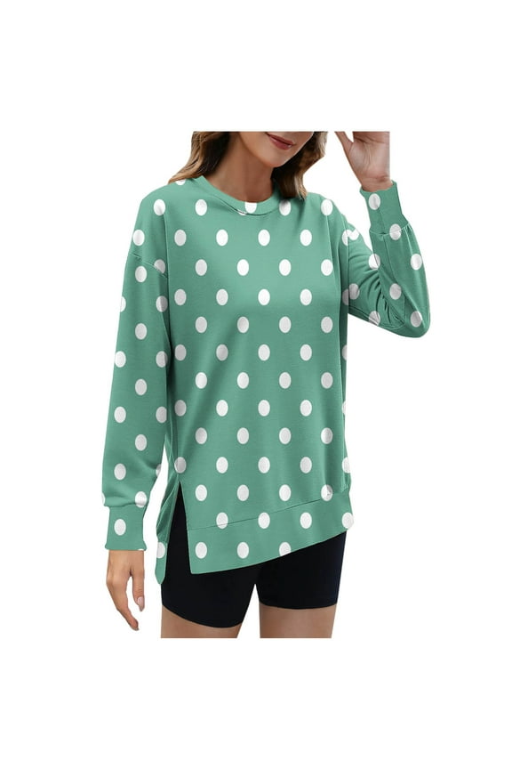 Crew Neck Sweatshirts Womens Polka Dots Print Cute Pullover Long Sleeve Tops Side Split Fashion Outfit (L, Green)