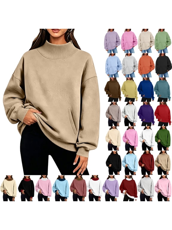Crew Neck Sweatshirts for Women Casual Fashion Loose Turtleneck Pullover Solid Color Long Sleeve Drop Shoulder Pullovers Top with Pockets