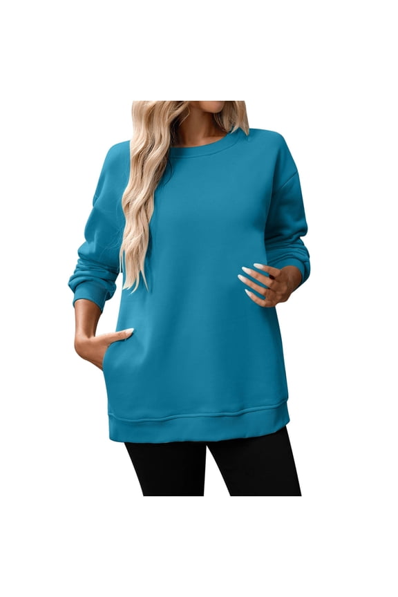 Crew Neck Sweatshirts for Women Comfy Soft Fleece Tunic Sweatshirt with Pockets Lightweight Travel Long Sleeve Pullover Tops Fall Clothes