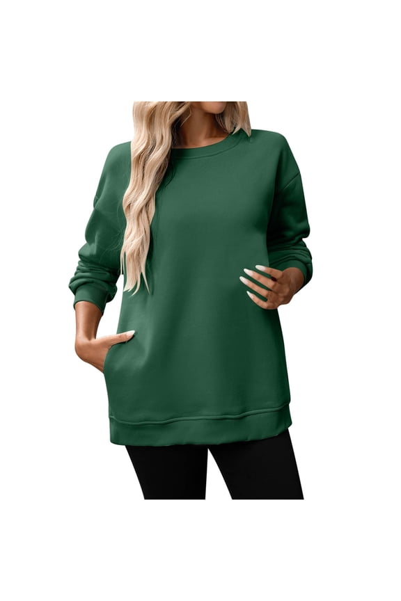 Crew Neck Sweatshirts for Women Comfy Soft Fleece Tunic Sweatshirt with Pockets Lightweight Travel Long Sleeve Pullover Tops Fall Clothes