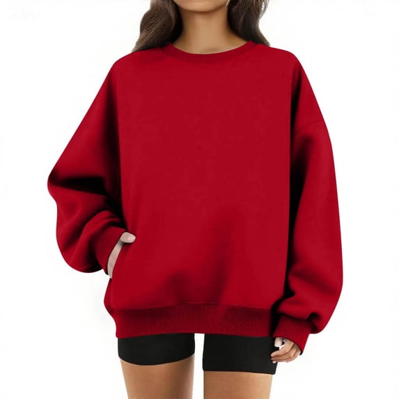 Crew Neck Sweatshirts for Women Fall Fleece Long Sleeve Sweatshirts Y2k Loose Fit Causal Sweatshirts with Pockets, 2XL