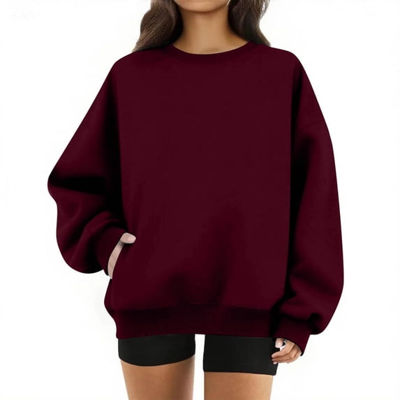 Crew Neck Sweatshirts for Women Fall Fleece Long Sleeve Sweatshirts Y2k Loose Fit Causal Sweatshirts with Pockets, L