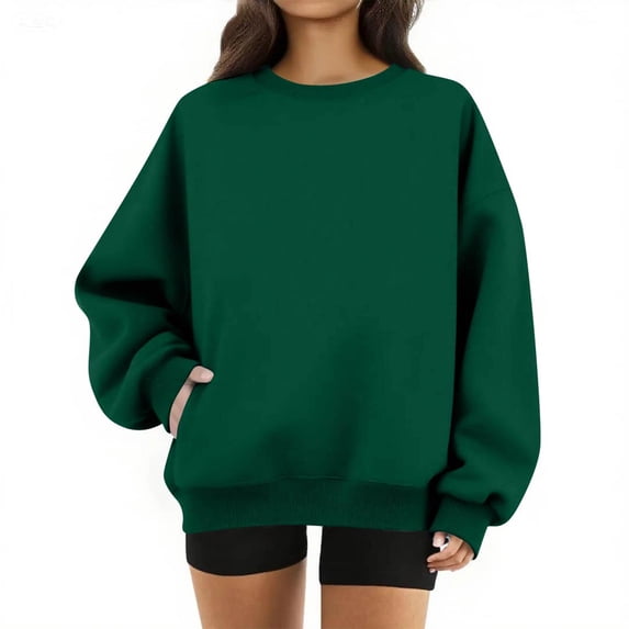 Crew Neck Sweatshirts for Women Fall Fleece Long Sleeve Sweatshirts Y2k Loose Fit Causal Sweatshirts with Pockets, M
