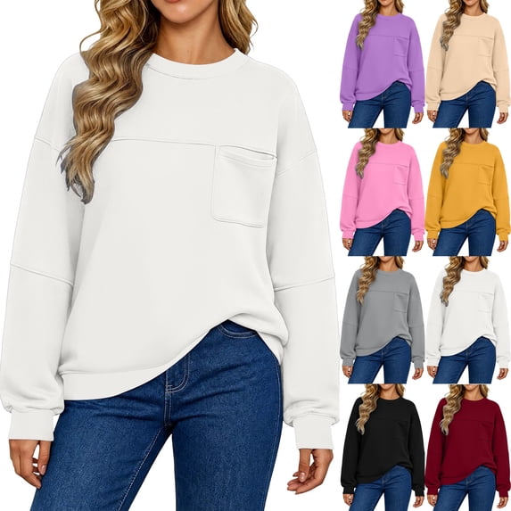 Crew Neck Sweatshirts for Women,Long Sleeve Loose Fit Pullover with Front Pocket,Casual Solid Color Tops for Daily Wear