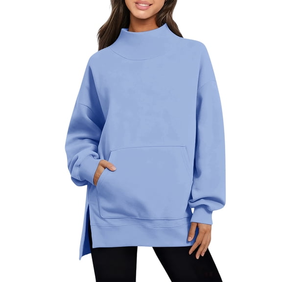 Crew Neck Sweatshirts for Women Plus Size Solid Color Long Sleeve Pullover Oversized Top Fall Loose Hoodie (Blue S)