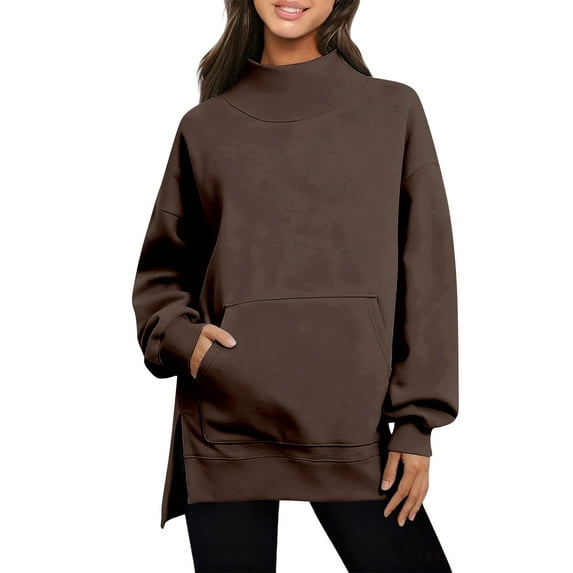 Crew Neck Sweatshirts for Women Plus Size Solid Color Long Sleeve Pullover Oversized Top Fall Loose Hoodie (Brown L）