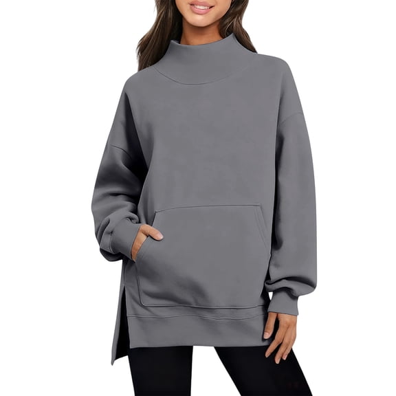 Crew Neck Sweatshirts for Women Plus Size Solid Color Long Sleeve Pullover Oversized Top Fall Loose Hoodie (Gray S)