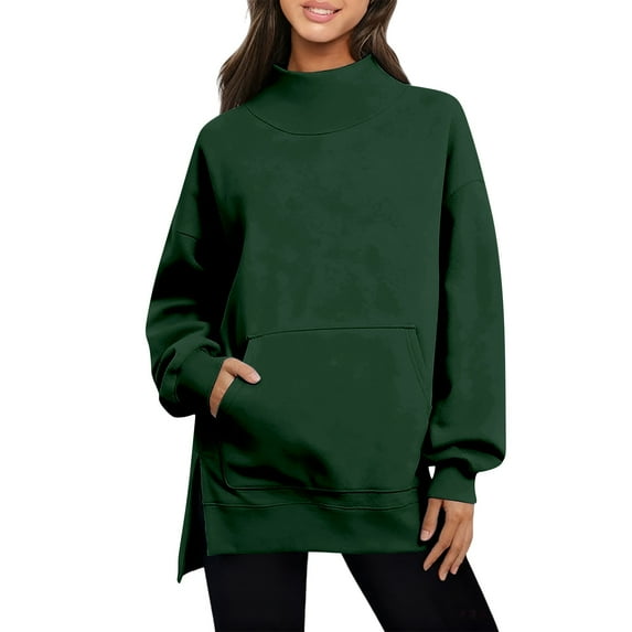 Crew Neck Sweatshirts for Women Plus Size Solid Color Long Sleeve Pullover Oversized Top Fall Loose Hoodie (Green M)