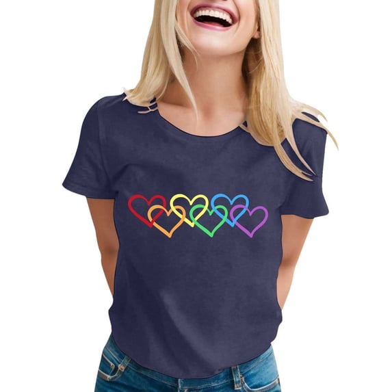 Crew Neck T Shirts For Women Heart Print Stylish Short Sleeve Dressy Casual Women Tops