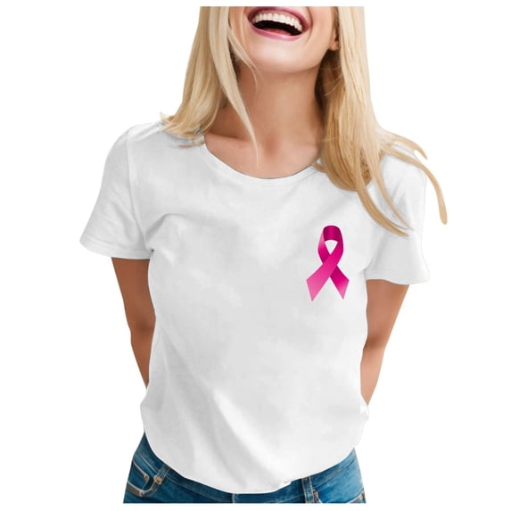 Crew Neck T Shirts For Women Pink Ribbon Print Breast Cancer Awareness Short Sleeve In Spring And Summer Casual Tunic Tops
