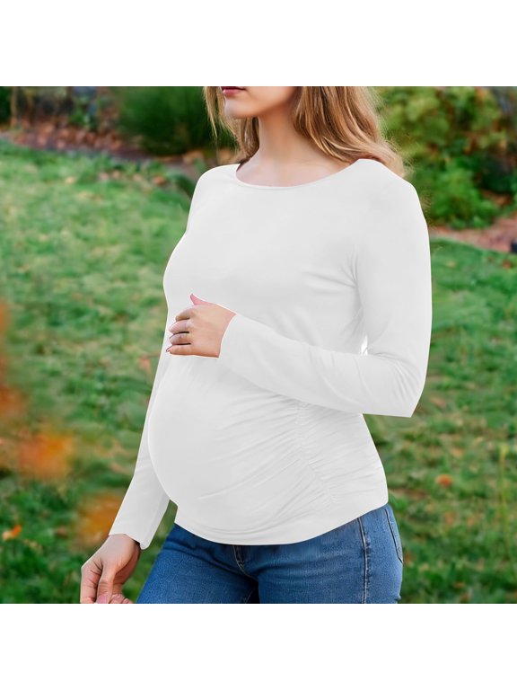 Crew Neck T Shirts For Women Womens Maternity Shirt Fall Long Sleeve Crew Neck T-Shirts Pregnancy Clothes Side Ruched Tunic Tops For Women