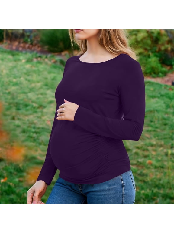 Crew Neck T Shirts For Women Womens Maternity Shirt Fall Long Sleeve Crew Neck T-Shirts Pregnancy Clothes Side Ruched Tunic Tops For Women