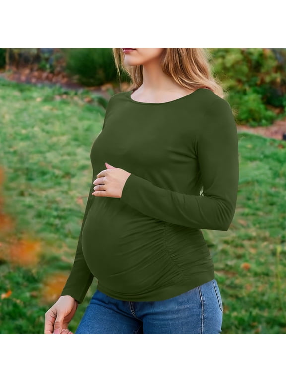 Crew Neck T Shirts For Women Womens Maternity Shirt Fall Long Sleeve Crew Neck T-Shirts Pregnancy Clothes Side Ruched Tunic Tops For Women