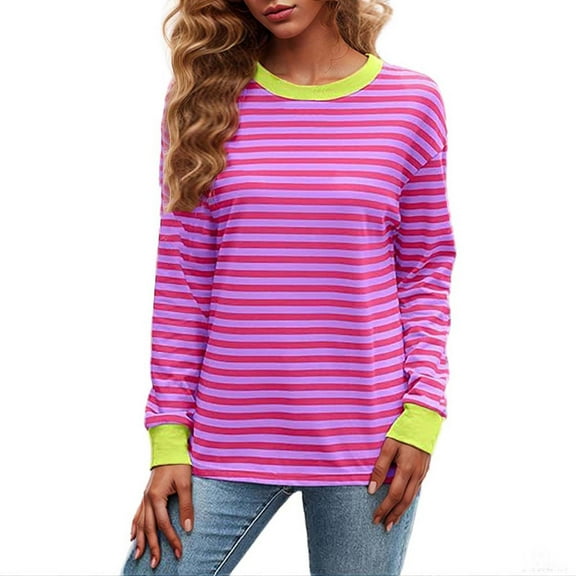 Crew Neck T-Shirts for Women Long Sleeve Tops Striped Color Block Blouses Fashion Loose Casual Sweatshirt (Hot Pink M)