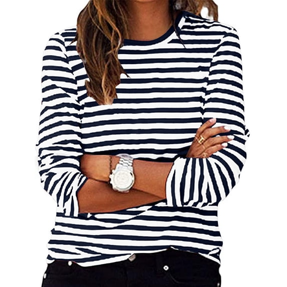 Crew Neck T Shirts for Womens Long Sleeve Striped Print Knit Shirts Loose Fit Tops Navy M