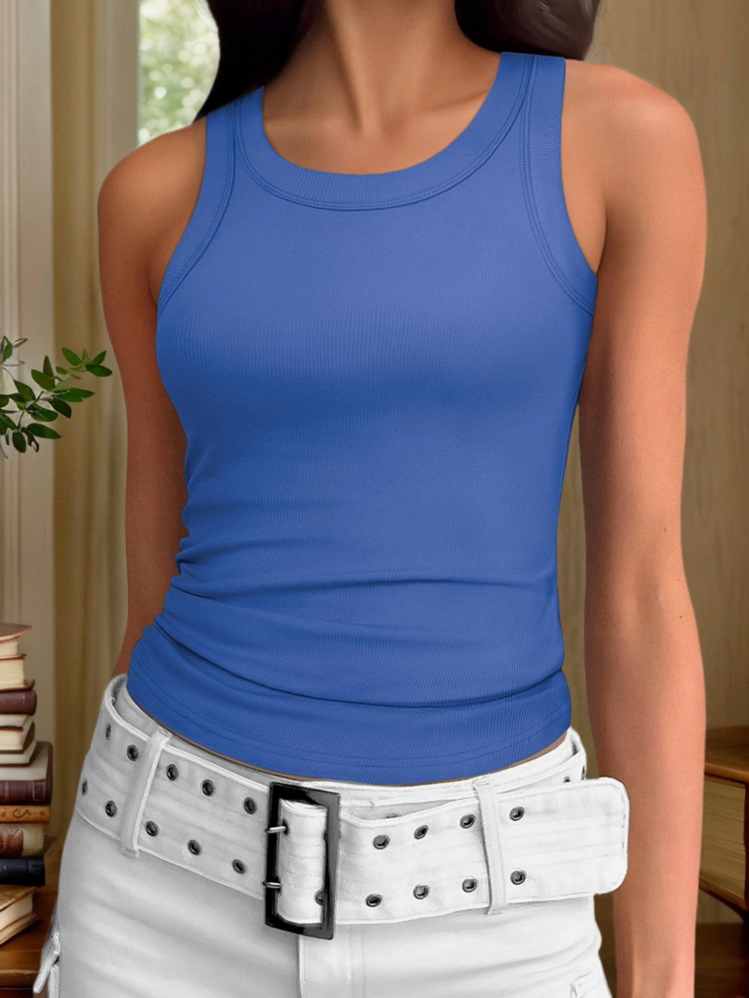 ZXSXSY Women Daisy Print Crew Neck Sleeveless Tank Top