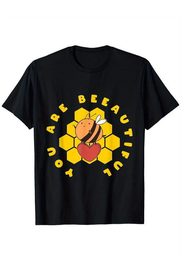 Crew Neck Tee with Honey Bee & Heart Graphic, Vintage Style Casual Shirt for Outdoor Activities, S-XXXL Sizes, All-Season Comfort, Allseason Apparel, Playful Graphic Tee, Comfortable Fit