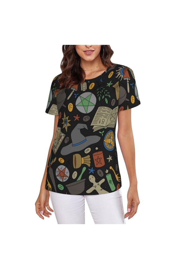 Crew Neck Tee Tops Summer Short Sleeve Casual T-Shirts, Magic Skull Pentagram Witches Tarot