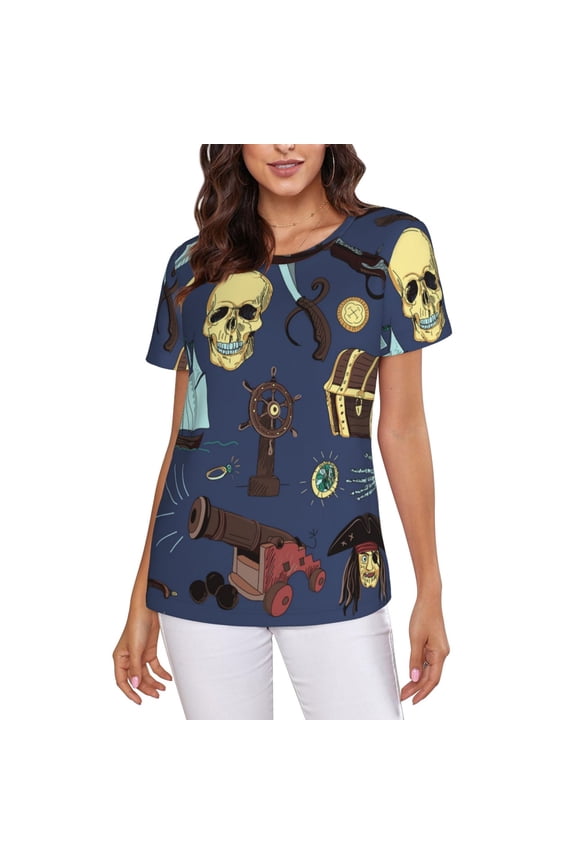Crew Neck Tee Tops Summer Short Sleeve Casual T-Shirts, Pirates Skull Map Treasure Vintage