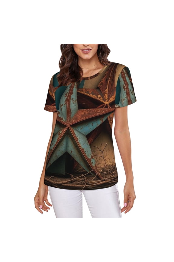 Crew Neck Tee Tops Summer Short Sleeve Casual T-Shirts, Rusty Stars Country Primitive Rustic Vintage