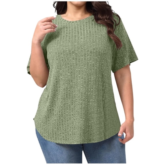 Crew Neck Tees Casual Ribbed Knit Short Sleeve Pullover Classic T-Shirt, Women’s Plus