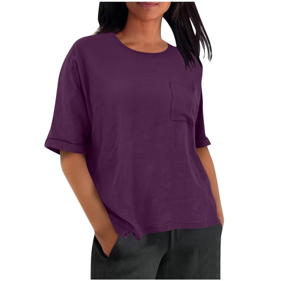 Crew Neck Tees Women Casual Crew Neck Short Sleeve Classic T-Shirt Female Linen Pocket Tee, Women’s