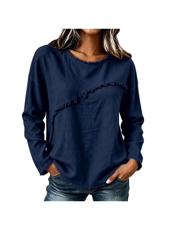 Crew Neck Tops for Women,boho Fringe Tops for Women Chic Peasant Blouses Cute Tops Modest Tops Dressy Top Basic Shirts for Women Comfort Sweatshirt Womens Fashion Ladies Casual Top,Navy,S