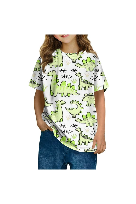 Crew Neck Tops for Kids Girl Boy Fall Summer Short Sleeve Dinosaur Graphic Brunch Kawaii Top T Shirt Blouse Kid 2026 Soft Comfy Clothes Trendy