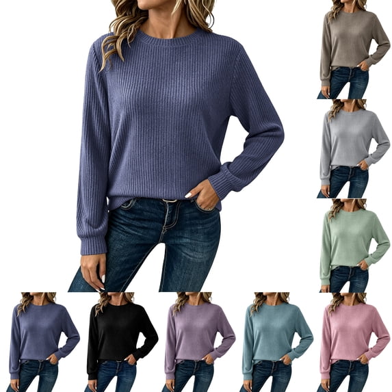 Crew Neck Tops for Women, Soft Stretch Long Sleeve Solid Color Casual Slim Pullover Tops Basic Shirts for Everyday Loungewear