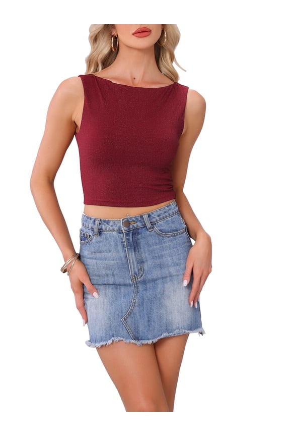 Women's Crop Top Metallic Threads Solid Color Boat Neck Sleeveless Top S Wine Red