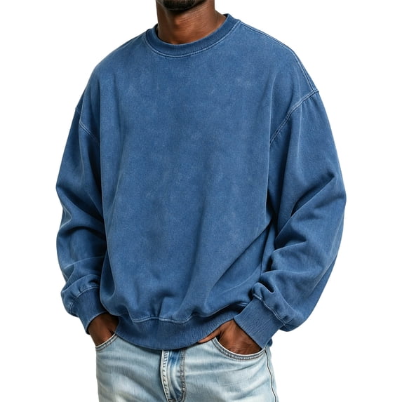 Crew‑Neck Vintage‑Wash Pullover Sweatshirts for Men Oversized Boxy‑Fit Drop‑Shoulder Ribbed‑Cuffs Fall Winter Tops