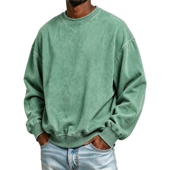 Crew‑Neck Vintage‑Wash Pullover Sweatshirts for Men Oversized Boxy‑Fit Drop‑Shoulder Ribbed‑Cuffs Fall Winter Tops