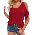 thumbnail image 1 of Crew Neck Women Solid Color Casual Cold Shoulder Tops  Off Shoulder Summer T-shirt, 1 of 3