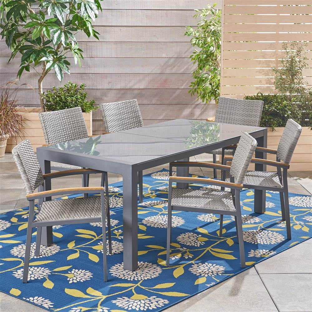 Crew Outdoor 7 Piece Aluminum and Wicker Dining Set with Glass Table Top, Gray, Gray - Walmart.com