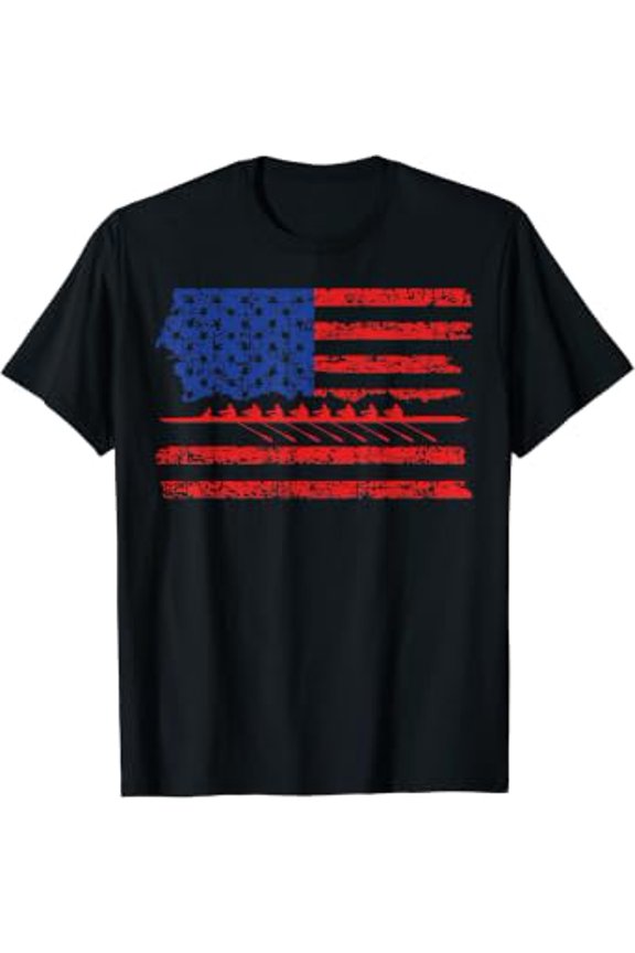 Crew Rowing Boat Oars Us American Flag T-Shirt