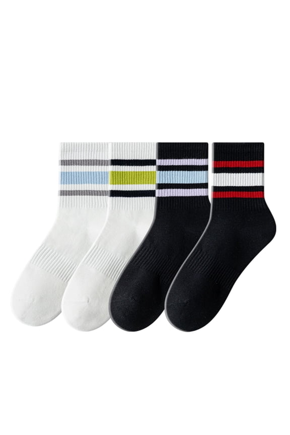 Crew Socks 4-Pack White Base Colorful Ribbed Cuff Striped Design Stretch Comfort Breathable Fit - 4 pcs-F