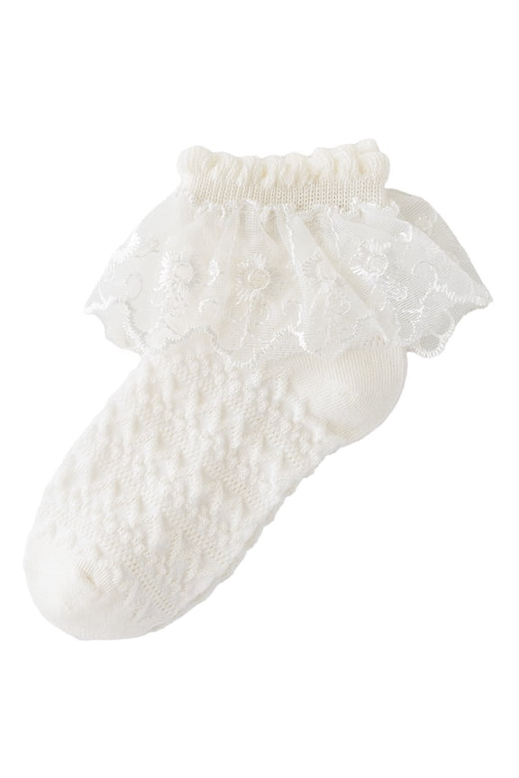 Crew Socks Girls Eyelet Flower Socks Ruffle Lace Ankle Dress Sock Golf Socks for Boy Beige 4Y