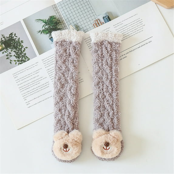 Crew Socks Kid Fuzzy Knee High Socks Toddler Boys Girls Cozy Slipper Socks Soft Cute Winter Fleece Long Socks Coffee One Size