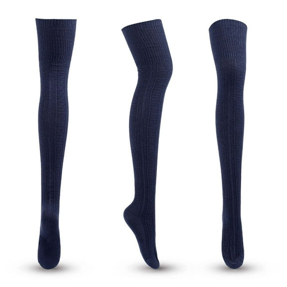 Crew Socks for Women Cotton, Fall Winter Women Striped Solid Color Cotton Knit Over-the-Knee Stockings New Socks for Women Cotton Thick Style B-57 Navy One Size